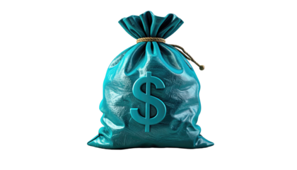 A turquoise bag with a dollar sign emblem against a stark black background