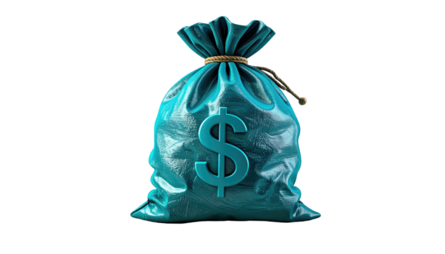 A turquoise bag with a dollar sign emblem against a stark black background