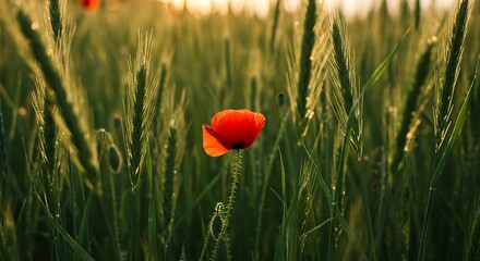Vibrant red poppy flower in a sunlit field of green wheat