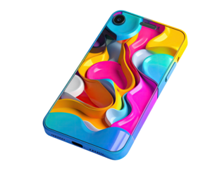 A vibrant phone mockup featuring a fluid, abstract design on a black backdrop