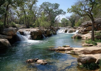 Obraz premium Sunny river flowing over rocks and into a shallow pool, lush trees line the banks