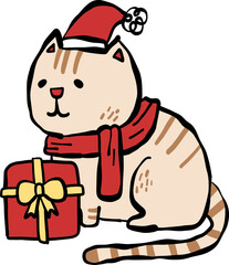Hand-drawn Cartoon Cat with Gift Christmas
