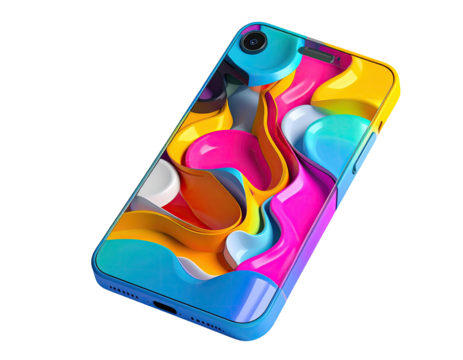 A vibrant phone mockup featuring a fluid, abstract design on a black backdrop