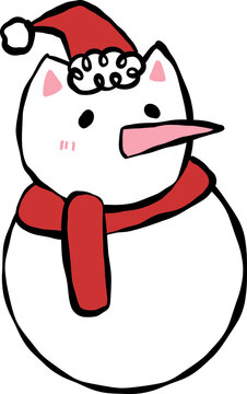 Hand-drawn Cute Cat Snowman Wearing Santa Hat Illustration