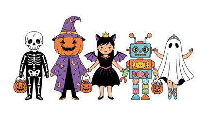 Enchanting Halloween Revelers: A delightful gathering of Halloween revelers, featuring a skeleton, pumpkin-headed figure, bat-winged princess, robot, and ghost, exuding an atmosphere of spooky cheer.