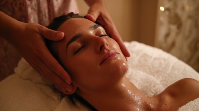 A woman enjoys a soothing facial massage in a tranquil spa setting. The atmosphere is serene promoting relaxation and rejuvenation during her wellness treatment.