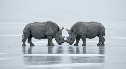 Obraz premium Two rhinoceroses face to face in a bleak environment