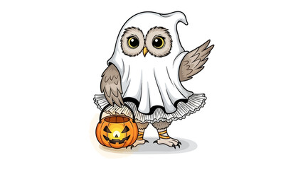 Halloween Owl: An endearing owl, donned in a friendly ghost costume, clutches a jack-o'-lantern pail, embodying the spirit of the season.