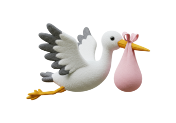 Isolated stork with pink bundle in beak delivering newborn baby for birth announcement
