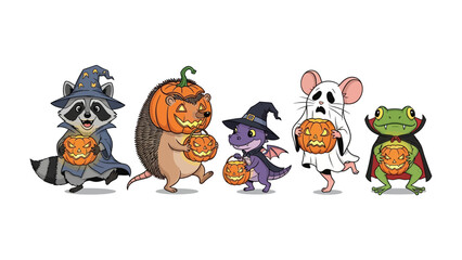 Halloween Costume Crew: A delightful assortment of friendly creatures in adorable costumes, embracing the spirit of Halloween.