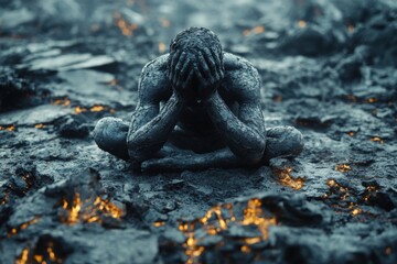 Mud-Covered Man Sitting In Despair