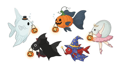 Halloween's Underwater Ensemble: A fanciful illustration depicts a group of endearing fish, each uniquely dressed in Halloween costumes, holding miniature Jack-o'-lantern buckets.