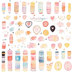 Watercolor Themed Stickers Collection with Hearts and Circular Elements on Black Background for Scrapbooking and Decorative Projects Featuring Delicate Brushstrokes and Pastel Colors