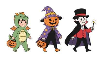 Halloween Costumes Illustration: Delightful illustrations of children dressed in charming Halloween costumes, showcasing a friendly dragon, a pumpkin-headed witch, and a dapper vampire.