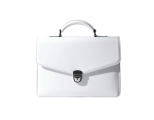 Pristine white leather briefcase, shadow beneath, handle at top, against black backdrop