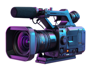 High-quality, professional video camera with large lens and attached microphone