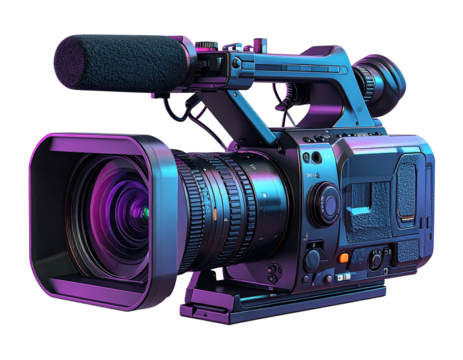High-quality, professional video camera with large lens and attached microphone - Powered by Adobe
