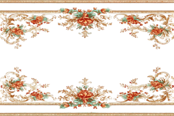 Decorative Floral Ornament with Baroque Style in Red Orange and Beige Tones on Transparent Background Intricate Flourishes and Symmetrical Arrangement Ornate Vintage Pattern