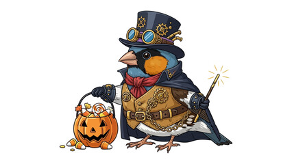 Steampunk Bird at Halloween: A charming steampunk-themed bird in a whimsical Halloween setting, dressed in a stylish ensemble with goggles, a top hat, a cape, and a pumpkin-shaped treat bag.