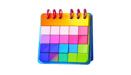 3D rendered colorful calendar icon, isolated on black background, rainbow hues