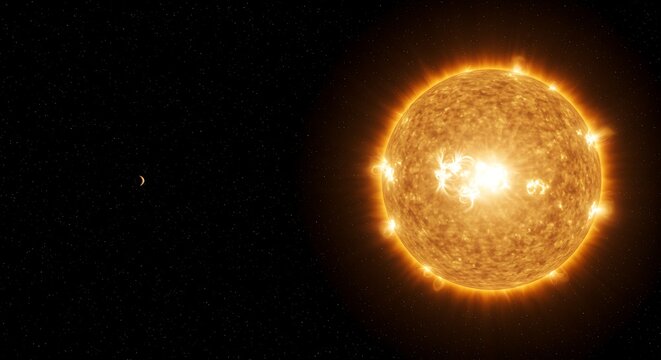 The Sun's Fiery Corona and a Distant Crescent Planet in the Starry Expanse