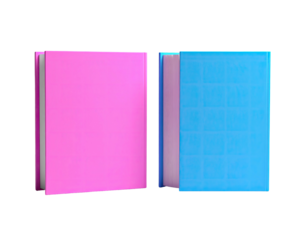 Two hardcover books, one pink, one blue, side-by-side, isolated on black