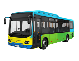 A colorful public transit bus with a striking, multi-tone exterior design