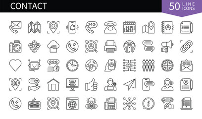 Set of 50 line icons related to Contacts. Containing web, telephone, communication, computer, chat bot, pin, address and more. Pictograms for web, mobile app and infographics