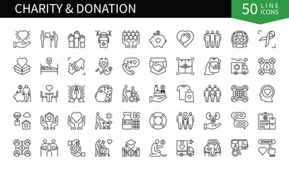 Set of 50 line icons related to Charity. Containing wheelchair accessible vehicle, alms, fund, giving, support, volunteer, contribution and more. Pictograms for web, mobile app and infographics