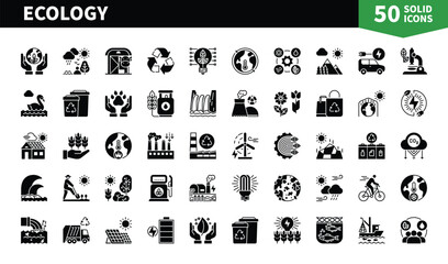 Set of 50 solid icons related to Ecology. Containing garbage, climate, alternative, planet, sustainability, renewable energy, wind power, pollution and more. Pictograms for web, mobile app and infogra