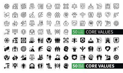 Set of 100 solid and line icons related to Core Values. Containing skill, responsibility, trust, simplicity, collaboration, discipline, accuracy, dependability and more. Pictograms for web, mobile app