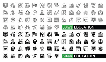 Set of 100 solid and line icons related to Education. Containing people, webinar, notebook, children, science, exam, brain, academic, teaching and more. Pictograms for web, mobile app and infographics