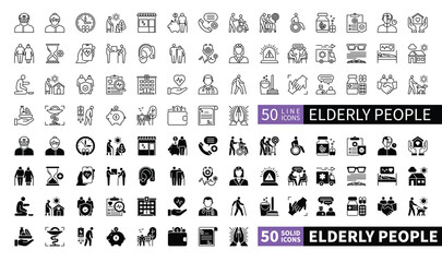 Set of 100 solid and line icons related to Elderly People. Containing people, doctor, nurse, grandfather, grandmother, pharmacy, medicine, pension and more. Pictograms for web, mobile app and infograp