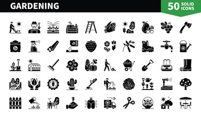 Set of 50 solid icons related to Gardening. Containing dacha, shrub, bug, horticulture, design, gardener, horticulturist, pest control, hatchet, strawberries, shrub, fertilizer and more. Pictograms fo