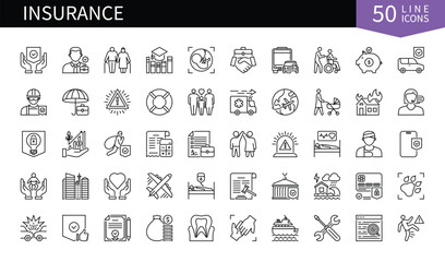 Set of 50 line icons related to Insurance. Containing safety, protection, car, security, disability, finance, shield, life and more. Pictograms for web, mobile app and infographics