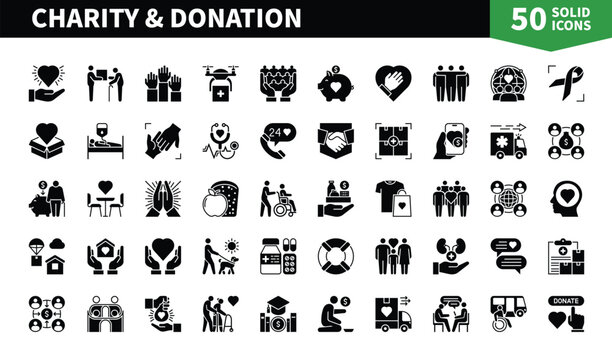 Set of 50 solid icons related to Charity. Containing charity drive, sharing, savings, social, collaboration, kindness, love, friendship and more. Pictograms for web, mobile app and infographics
