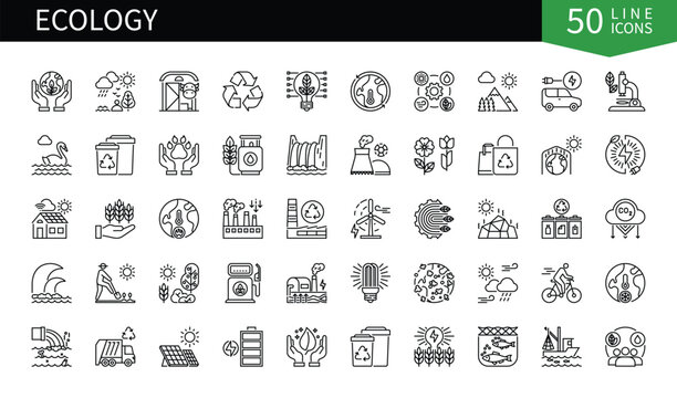 Set of 50 line icons related to Ecology. Containing nature, innovation, technology, planet earth, protection, care, bio, biotechnology and more. Pictograms for web, mobile app and infographics