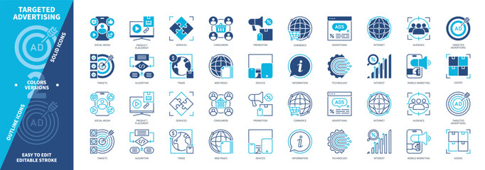Targeted Advertising icon set. Audience, Promotion, Product Placement, Internet, Mobile Marketing, Interest, Commerce, Web Pages. Duotone color solid and editable outline icons