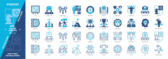 Strategy icon set. Targets, Leadership, Plan, Motivation, General, Achievement, Opportunities, Idea. Duotone color solid and editable outline icons