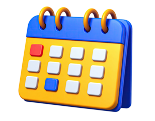3D-rendered desk calendar with highlighted dates, bright yellow and blue