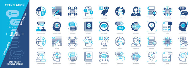 Translation icon set. Language Skills, Localization, Communication, Online Translation, Interpretation, Knowledge, Grammar, Dictionary. Duotone color solid and editable outline icons