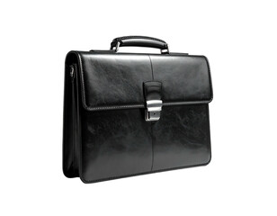 Classic, glossy black leather briefcase with metallic clasp, handle, and stitching