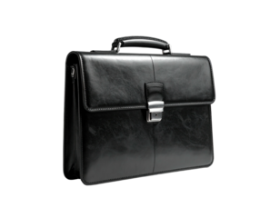 Classic, glossy black leather briefcase with metallic clasp, handle, and stitching