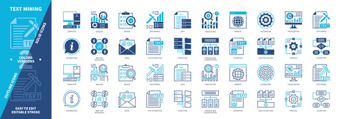 Text Mining icon set. Written Resources, Data Mining, Text Extraction, Algorithm, Analysis, Process, Automation, Forecasting. Duotone color solid and editable outline icons