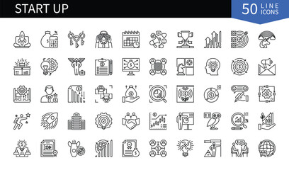 Set of 50 line icons related to Start Up. Containing strategy, ideas, research, innovation, communication, business, people, success and more. Pictograms for web, mobile app and infographics