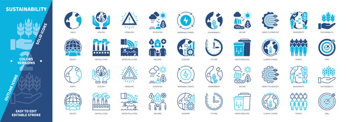 Sustainability icon set. Earth, Welfare, Biodiversity, Climate Change, Renewable Energy, Pollution, Economy, Environment. Duotone color solid and editable outline icons