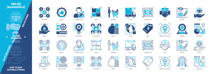 Value (Economics) icon set. Manufacturing, Customers, Goods, Marketing Strategy, Service, Quality, Innovation, Consumer. Duotone color solid and editable outline icons