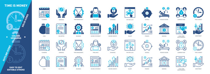 Time is Money icon set. Planning, Savings, Time Management, Banking, Pay per Click, Investment, Finance, Revenue. Duotone color solid and editable outline icons