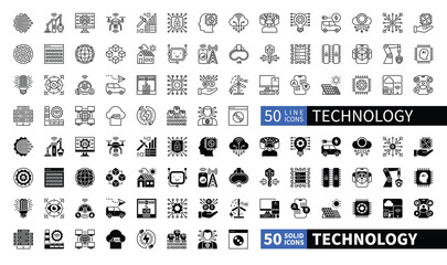 Set of 100 solid and line icons related to Technology. Containing innovation, artificial intelligence, data mining, smart home, chip, blockchain and more. Pictograms for web, mobile app and infographi