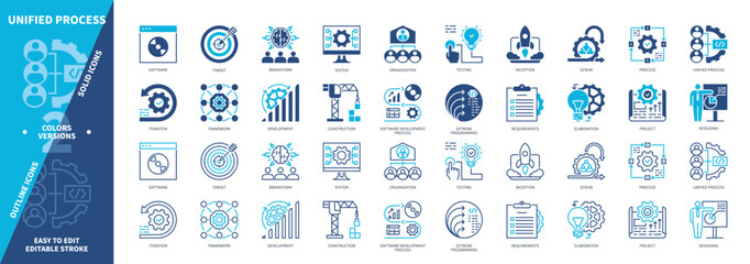 Unified Process icon set. Software, Inception, Framework, Elaboration, Requirements, Construction, Project, Transition. Duotone color solid and editable outline icons